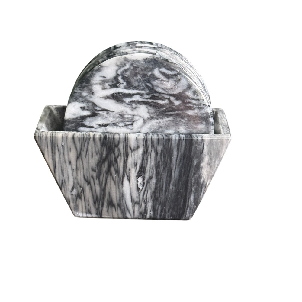 Vintage Grey Black‎ White Marble Stone Coaster Set of 6 with Caddy